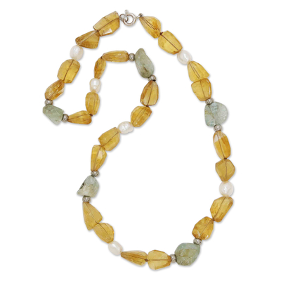 Perlenkette mit mehreren Edelsteinen, 'Warm Emotions' - Perlenkette mit mehreren Edelsteinen und Zamak-Akzenten