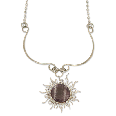 Amethyst pendant necklace, 'Purple Rays' - Stainless Steel Sun Pendant Necklace with Amethyst Gemstone