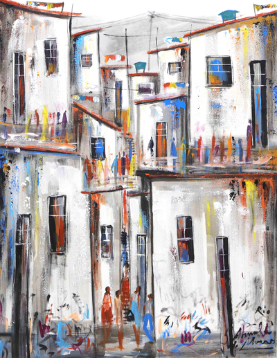'Black and White Favela I' - Favela brasileña Acrílico sobre lienzo Pintura abstracta