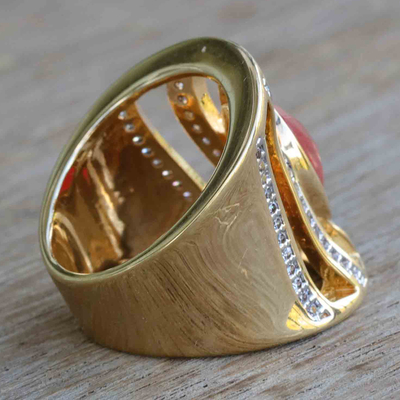 Gold-accented quartz cocktail ring, 'Tubular Coral' - 18k Gold-Accented Quartz & Cubic Zirconia Cocktail Ring