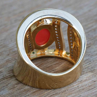 Gold-accented quartz cocktail ring, 'Tubular Coral' - 18k Gold-Accented Quartz & Cubic Zirconia Cocktail Ring