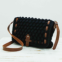 Cotton sling bag, 'Black Soul' - Crocheted Cotton Sling Bag in Black with Adjustable Strap
