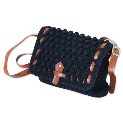 Cotton sling bag, 'Black Soul' - Crocheted Cotton Sling Bag in Black with Adjustable Strap