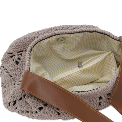 Cotton bucket bag, 'Diamond Crochet in Mauve' - Crocheted Cotton Bucket Bag in Mauve with Tassel from Brazil