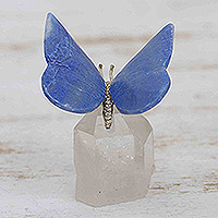 Quartz sculpture, 'Spiritual Flutter' - Blue and White Quartz Butterfly Sculpture with Brass Accents