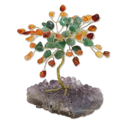 Escultura de piedras preciosas Múltiple - Escultura de árbol con varias piedras preciosas y base de amatista de Brasil