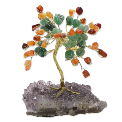 Escultura de piedras preciosas Múltiple - Escultura de árbol con varias piedras preciosas y base de amatista de Brasil
