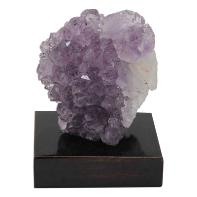 Amethyst sculpture, 'Purple Nature' - Natural Amethyst Stone Sculpture with Pinewood Base