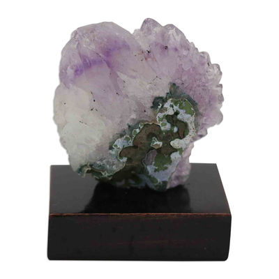 Amethyst sculpture, 'Purple Nature' - Natural Amethyst Stone Sculpture with Pinewood Base