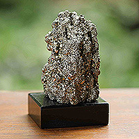 Pyrite sculpture, 'Confident Cosmos' - Natural Pyrite Stone Sculpture with Pinewood Base