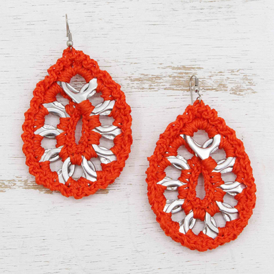 Crocheted soda pop-top dangle earrings, 'Eco Chic in Vermilion' - Eco-Friendly Red Crocheted Soda Pop-Top Dangle Earrings