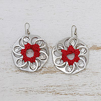 Crocheted soda pop-top dangle earrings, 'Eco Floral in Red' - Floral Crocheted Soda Pop-Top Dangle Earrings in Red