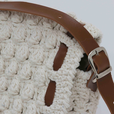 Cotton sling bag, 'Alabaster Soul' - Crocheted Alabaster Cotton Sling Bag with Adjustable Straps