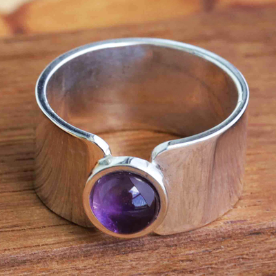Amethyst single stone ring, 'Modern Wisdom' - Modern Sterling Silver Single Stone Ring with Amethyst Gem