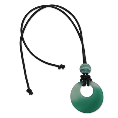 Agate pendant necklace, 'Compassion Altar' - Agate Pendant Necklace with Leather Cord and Green Gems