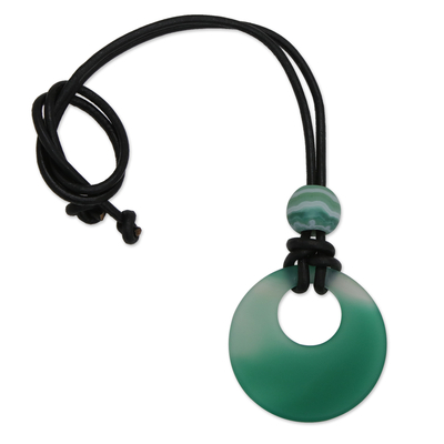 Agate pendant necklace, 'Compassion Altar' - Agate Pendant Necklace with Leather Cord and Green Gems