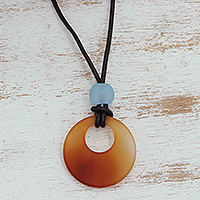 Agate pendant necklace, 'Protection Altar' - Brown Agate Pendant Necklace with Leather Cord and Blue Bead