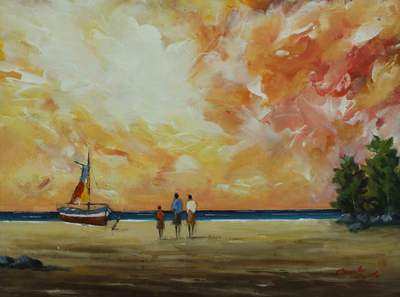 'Red Marina' - Woman at The Beach Acrylic Impressionist Seascape Painting