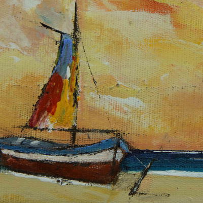 'Red Marina' - Mujer en la playa Pintura impresionista de acrílico del paisaje marino