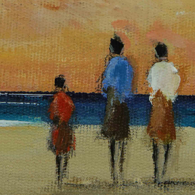 'Red Marina' - Mujer en la playa Pintura impresionista de acrílico del paisaje marino