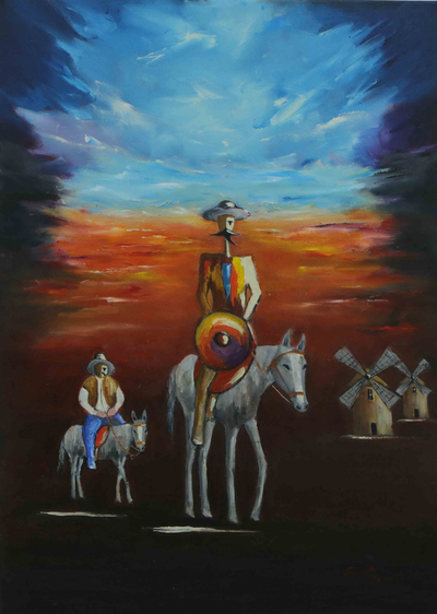 Oil on Canvas Naif Painting of Don Quixote and Sancho Panza