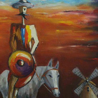 'Don Quixote in Blue and Red' - Oil on Canvas Naif Painting of Don Quixote and Sancho Panza