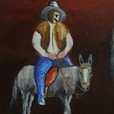 'Don Quijote in Blau und Rot' - Öl auf Leinwand Naif-Gemälde von Don Quijote und Sancho Panza