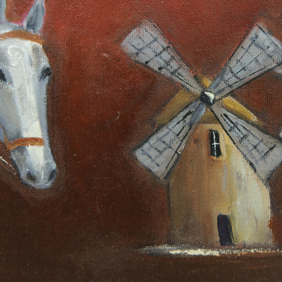 'Don Quijote en azul y rojo' - Óleo sobre Lienzo Pintura Naif de Don Quijote y Sancho Panza