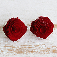 Wood drop earrings, 'Rose Appeal' - Wood Rose Drop Earrings Carved and Dyed by Hand in Brazil