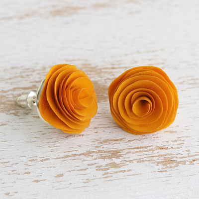 Wood button earrings, 'Honey Beauty' - Rose-Themed Honey Eucalyptus Wood Button Earrings