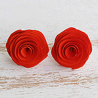 Wood button earrings, 'Nasturtium Beauty'