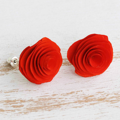 Wood button earrings, 'Nasturtium Beauty' - Rose-Themed Nasturtium Eucalyptus Wood Button Earrings