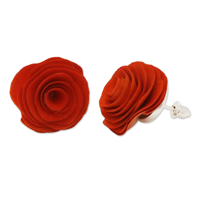 Wood button earrings, 'Nasturtium Beauty' - Rose-Themed Nasturtium Eucalyptus Wood Button Earrings