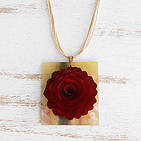 Gold-accented wood and horn pendant necklace, 'Rose Enchantment' - Handmade Gold-Accented Wood and Horn Rose Pendant Necklace