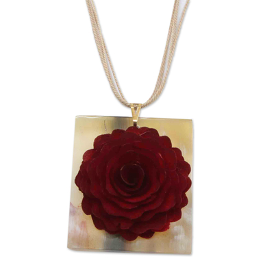 Gold-accented wood and horn pendant necklace, 'Rose Enchantment' - Handmade Gold-Accented Wood and Horn Rose Pendant Necklace