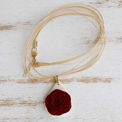 Gold-accented wood pendant necklace, 'Claret Romance' - Claret Rose Pendant Necklace Handmade from Eucalyptus Wood