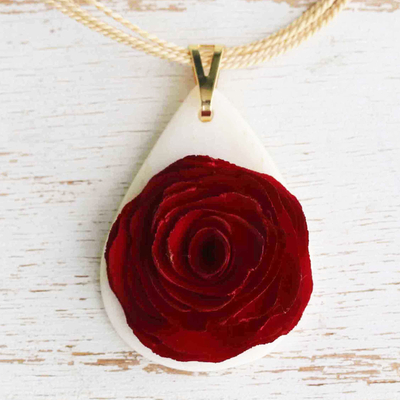 Gold-accented wood pendant necklace, 'Claret Romance' - Claret Rose Pendant Necklace Handmade from Eucalyptus Wood