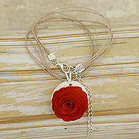 Wood and horn pendant necklace, 'Rose Splendor' - Hand-Carved Wood and Horn Orange Rose Pendant Necklace