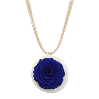 Gold-accented wood pendant necklace, 'Sapphire Emotion' - Sapphire Rose Pendant Necklace Handmade from Eucalyptus Wood