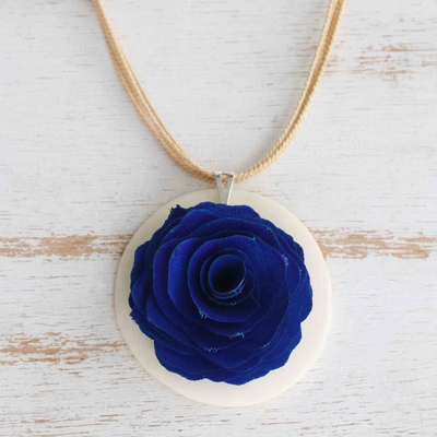 Gold-accented wood pendant necklace, 'Sapphire Emotion' - Sapphire Rose Pendant Necklace Handmade from Eucalyptus Wood