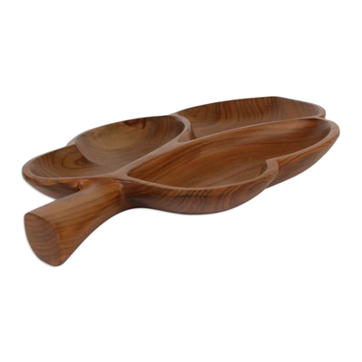 Wood appetizer platter, 'Brown Lovely Leaf' - Wood Leaf-Shaped Appetizer Platter Carved by Hand in Brazil