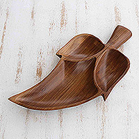Wood appetizer platter, 'Brown Three-Lobed Leaf' - Wood Leaf Appetizer Platter Carved by Hand in Brazil