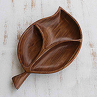 Wood appetizer platter, 'Brown Chic Leaf' - Brown Wood Appetizer Platter Carved by Hand with Leaf Shape