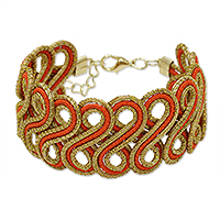 Gold-accented golden grass wristband bracelet, 'Orange Braids' - Orange Golden Grass Wristband Bracelet with Gold Accents