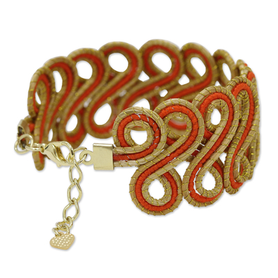 Gold-accented golden grass wristband bracelet, 'Orange Braids' - Orange Golden Grass Wristband Bracelet with Gold Accents