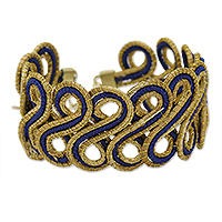 Gold-accented golden grass wristband bracelet, 'Indigo Braids'