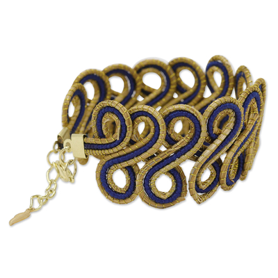 Gold-accented golden grass wristband bracelet, 'Indigo Braids' - Blue Golden Grass Wristband Bracelet with 18k Gold Accents