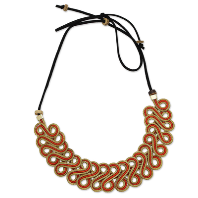 Gold-accented golden grass pendant necklace, 'Orange Braids' - 18k Gold-Accented Golden Grass Pendant Necklace in Orange