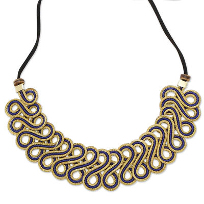 Gold-accented golden grass pendant necklace, 'Indigo Braids' - 18k Gold-Accented Golden Grass Pendant Necklace in Blue