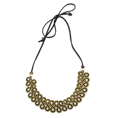 Gold-accented golden grass pendant necklace, 'Black Braids' - 18k Gold-Accented Golden Grass Pendant Necklace in Black